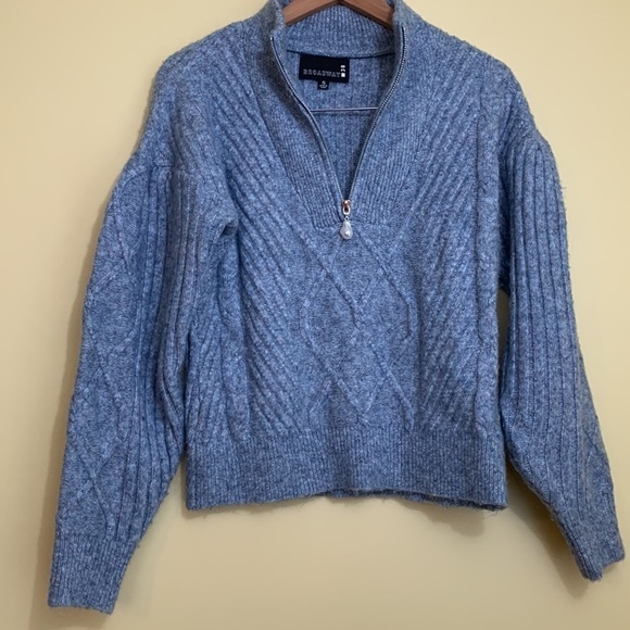 Broadway 38 | Blue Peppered Cable Knit Balloon Sleeve 1/4 Zip Pullover Sweater S - Picture 12 of 17